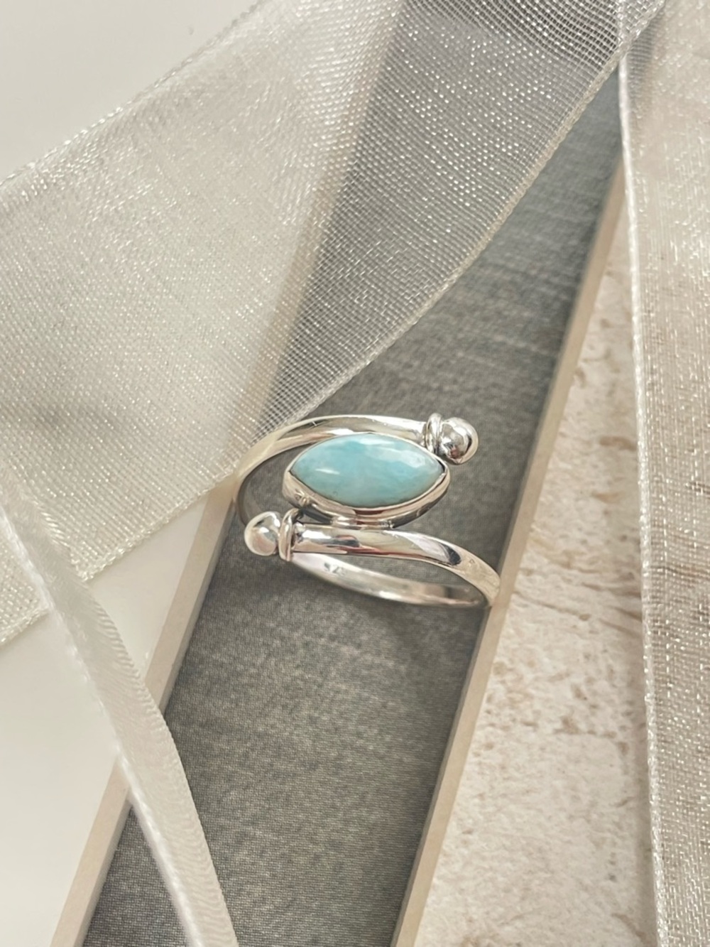 925 Sterling Silver Natural Larimar Ring, US:8 NWT